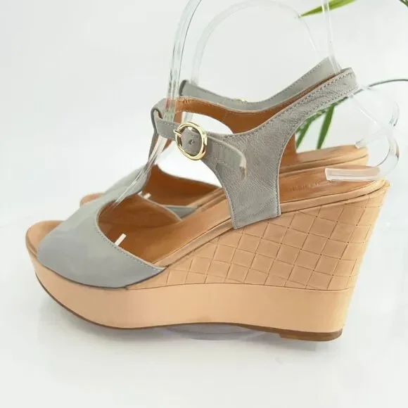 Pomme D'or Sandals Women's Size 39 8 Blue Gray Leather T-Strap Platform Wedge - Picture 8 of 16